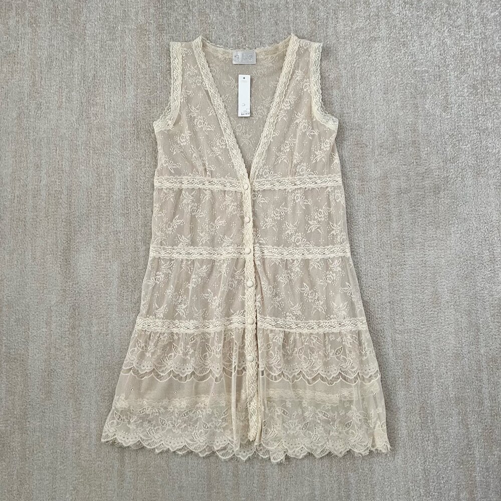 NWT 213 Industry Sheer Boho Festival Lace Button Up Long Vest Blouse Top S